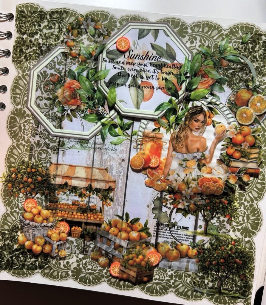 Orange and cream scrapbook layout with photo, textured paper, and floral accents. Credit: mamas.scrapbooking on Instagram.