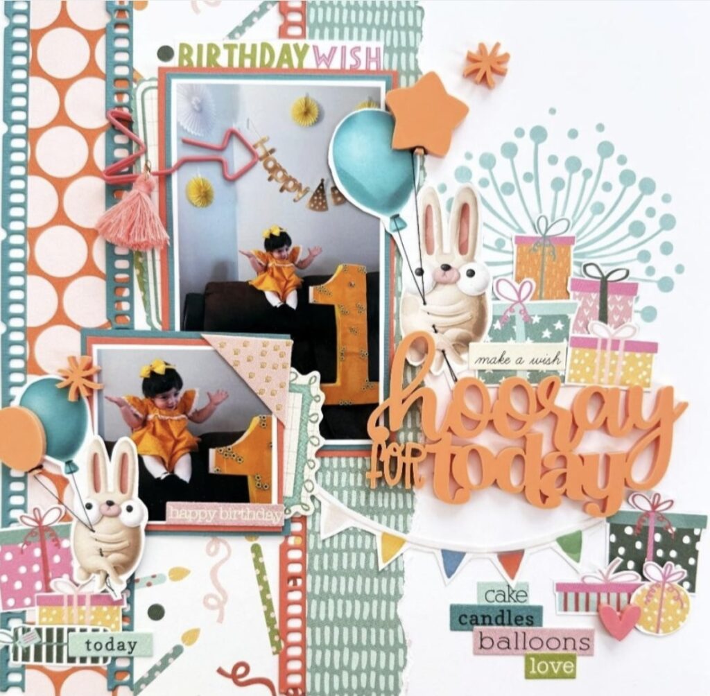 example of a Scrapbook page using orange, featuring bold designs, layered elements, and playful accents. Credit: debbi_tehrani on Instagram.