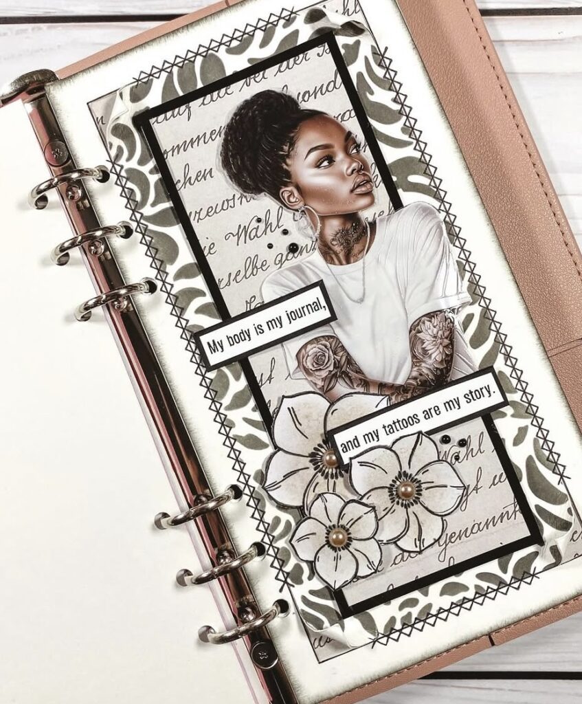 Scrapbooking with neutral tones—a sticker of a black lady with collaged pages, stamped elements, and creamy backgrounds. slowestuff.com