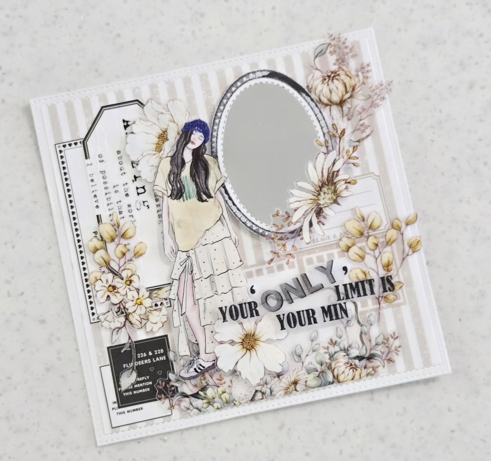 Soft neutral scrapbook page idea with delicate layers, vintage book pages, and muted colors. slowestuff.com