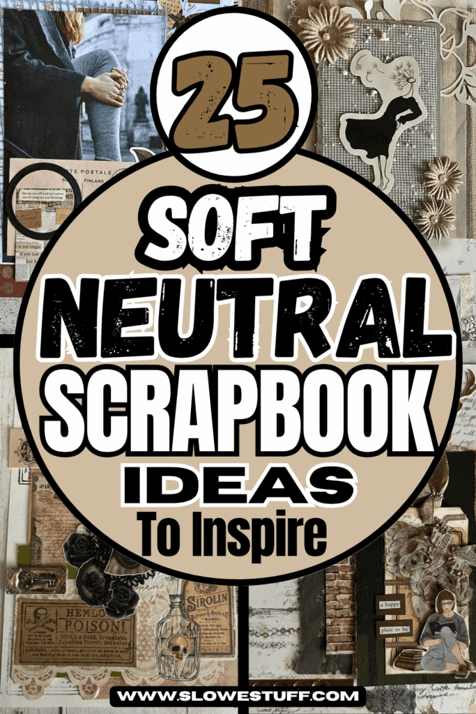 Neutral scrapbook ideas—layered beige, ivory, and kraft paper with textured accents, calm and stylish page inspiration. slowestuff.com