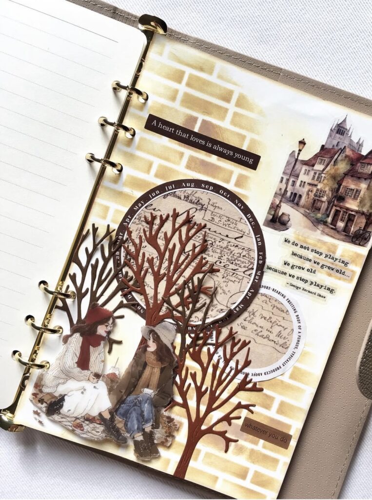 Neutral scrapbook page idea with soft cream backgrounds, delicate tags, and gentle textures. slowestuff.com
