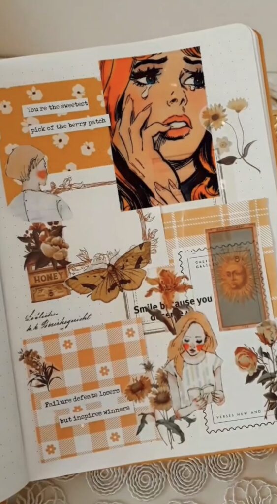 Junk journal ideas for orange pages featuring layered washi, stickers, and unique collage. Credit: eylul.journal on Instagram.