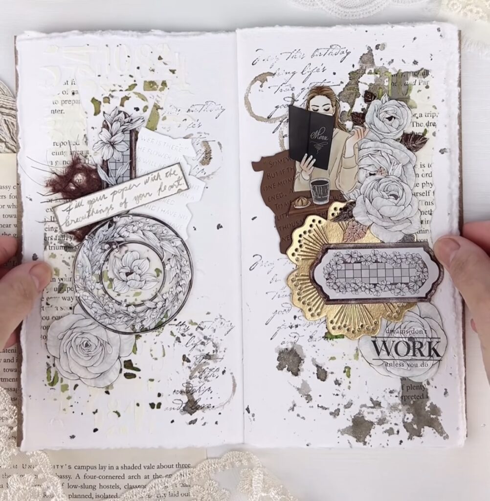 Neutral scrapbook page inspiration—layered ticket stubs, handwriting, and muted vintage embellishments. slowestuff.com