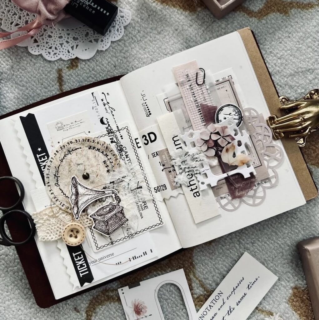 Neutral scrapbook layout idea with cozy beige tones, collage elements, and subtle handwriting. slowestuff.com