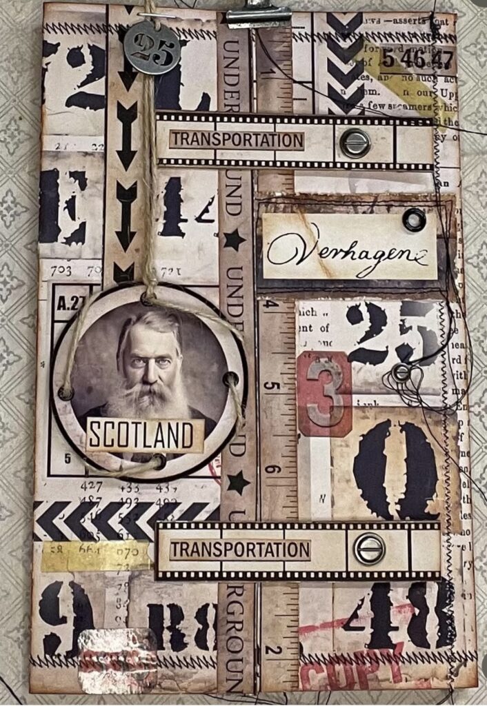 Neutral junk journal inspiration page with creamy textures, stamped labels, and collage accents. slowestuff.com