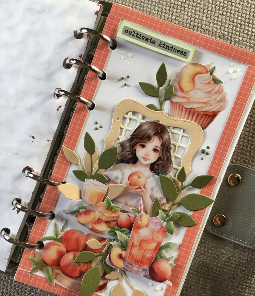 Orange art journal layout with vintage papers, hand lettering, and creative layering. Credit: places_faces on Instagram.