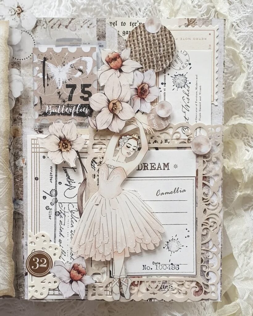 Scrapbooking and journaling with neutral colors—modern layered look with a ballerina sticker using ephemera and minimal embellishments. slowestuff.com