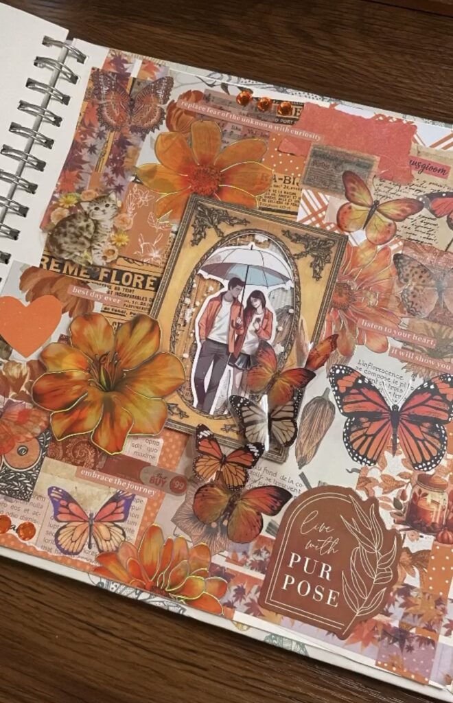 Scrapbooking ideas using orange with patterned backgrounds and layered embellishments. Credit: kellyjunkjournals on Instagram.