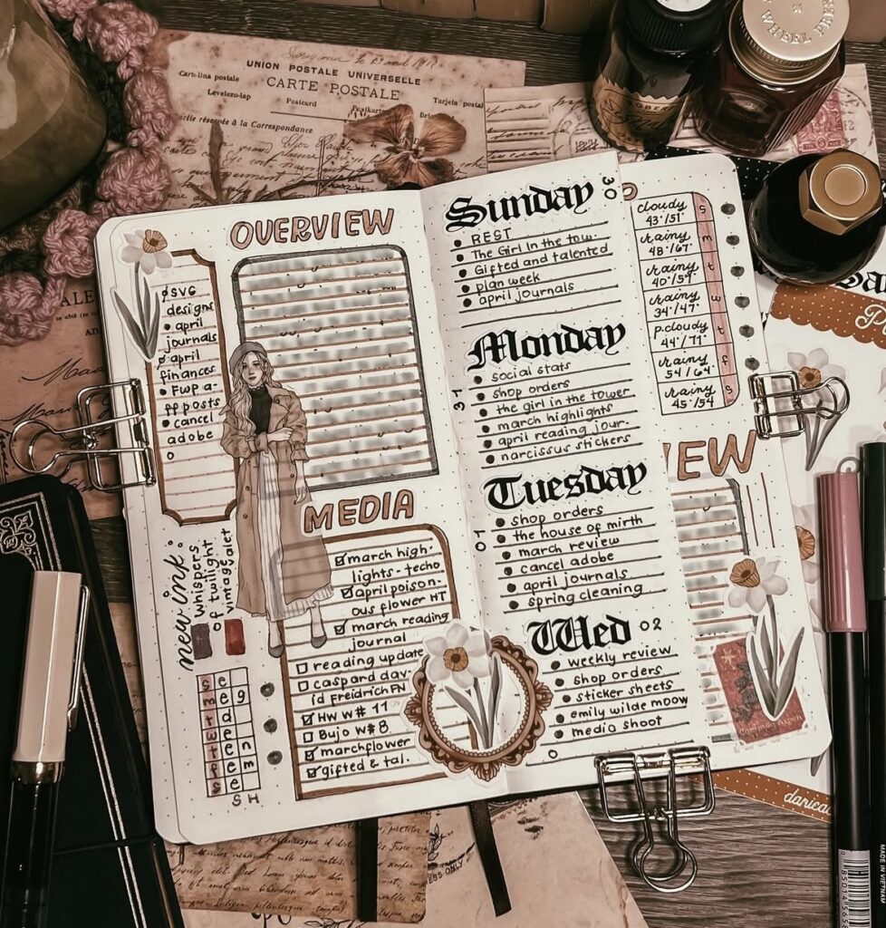 Neutral tone bullet journal or scrapbook layout—layered vintage papers and subtle earth tones for a timeless look. slowestuff.com