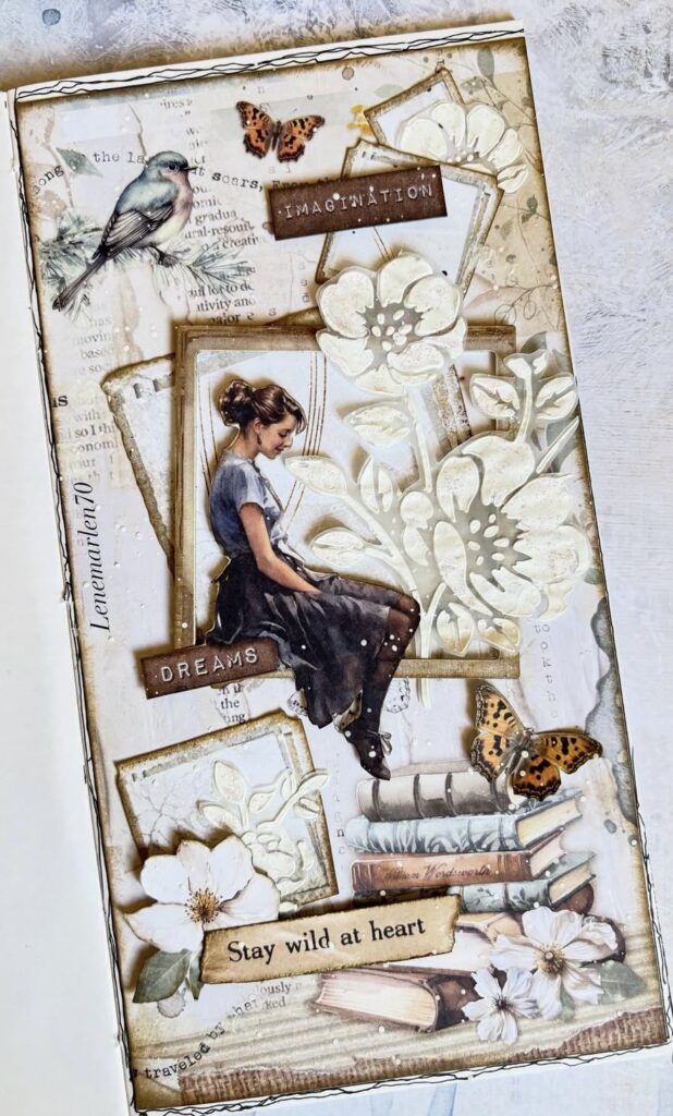 Soothing neutral scrapbook idea—layered cream papers and botanical accents for calm, stylish journaling. slowestuff.com