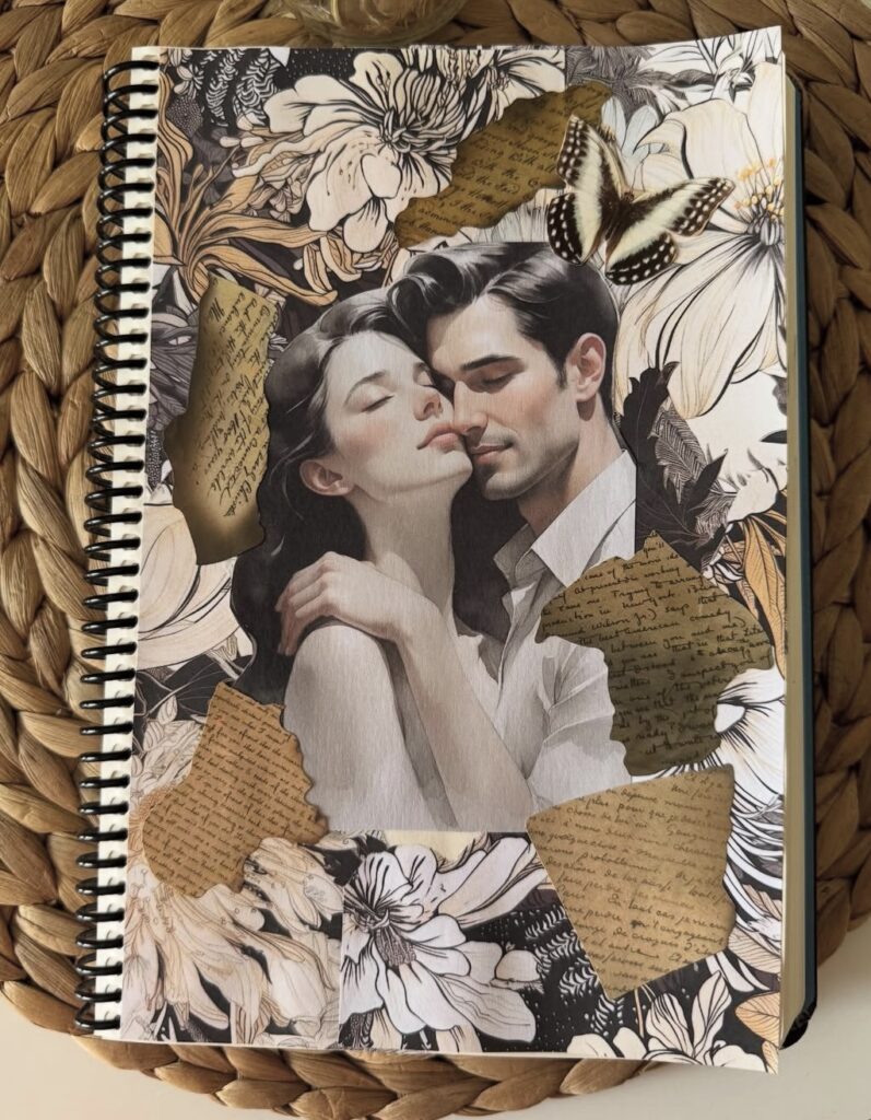 Junk journal layout featuring a couple in an embrace, using neutral papers, stickers, and gentle earth tones for a relaxed look. slowestuff.com