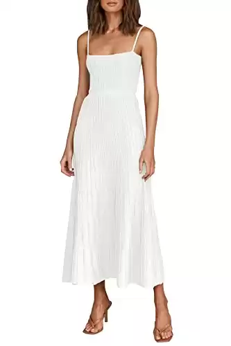 Fazortev Womens Casual Ribbed Knit Square Neck Long Cami Dress Sexy A Line Sleeveless Spaghetti Strip Maxi Dresses White
