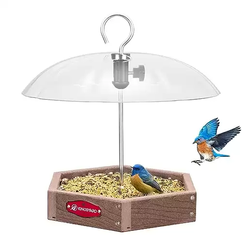 Kingsyard Platform Bird Feeder for Outdoor Hanging - Rugged Recycled Plastic Wild Bird Feeding Station with Adjustable Dome & Metal Mesh Tray, Brown