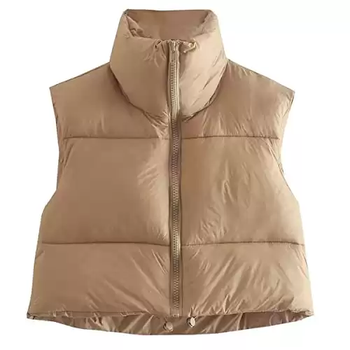 KEOMUD Women's Winter Crop Vest Lightweight Sleeveless Warm Outerwear Puffer Vest Padded Gilet Khaki Medium