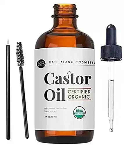 Kate Blanc Cosmetics Castor Oil (2oz), USDA Certified Organic, 100% Pure, Cold Pressed, Hexane Free. Stimulate Growth for Eyelashes, Eyebrows, Hair. Skin Moisturizer & Hair Treatment Starter Kit