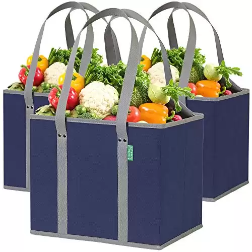 Reusable Grocery Bags (3 Pack) Heavy Duty Reusable Shopping Bags with Box Shape to Stand Up, Stay Open, Fold Flat Large Tote Bags are Foldable with Long Handles & Hard Bottom (Navy Blue)