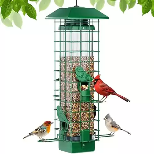 Squirrel Proof Bird Feeder, Metal Bird Feeders for Outdoors Hanging, Weight Activated, 3Lb Capacity, 4 Ports, All-Weather Tube Bird Feeder for Outside, Cardinal Finch Bluebird Wild Bird Feeder