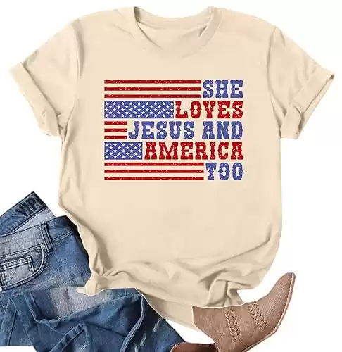 American Flag Shirts for Women She Loves Jesus and America Shirt 4th of July T-Shirt Patriotic Short Sleeve Tee Tops