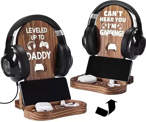 Gamer Gifts for New Dad, New Expecting Dad First Fathers Day, New Dad Announcement, Best Birthday Gift for New Father, for Husband Soon-to-be-Dad, Wooden Headset Stand-Leveled Up to Daddy