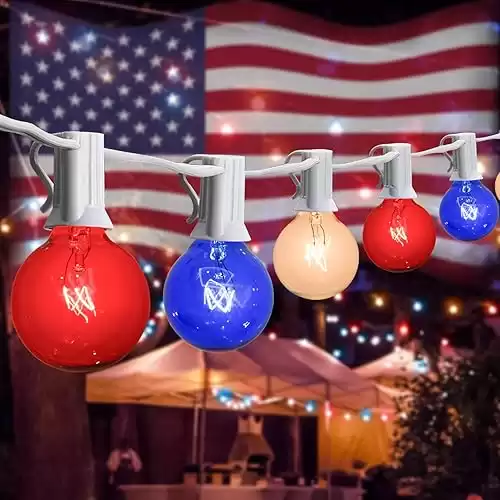 Abeja 4th of July Decorations String Light, 25FT G40 Red White and Blue Lights with 27 G40 Red White and Blue Light Bulbs(2 Spare), Independence Day Lights for Patriotic Party Patio Backyard Decor