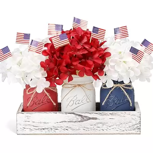 Patriotic Table Decorations, Memorial Day Decor, Patriotic Mason Jars with Mini American Flags, 4th of July Decorations, Red White and Blue Decor, Patriotic Themed Party Americana Decoration