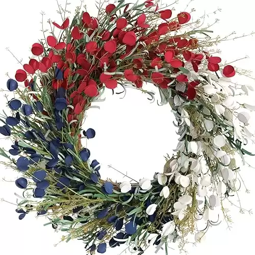 Bibelot 22 inches American Flag Floral Wreaths Patriotic Decorations Wreath Red White Blue Artificial Floral Twig Wreath 4th of July Independence Day Memorial Day Flag Day Hanging Decoration