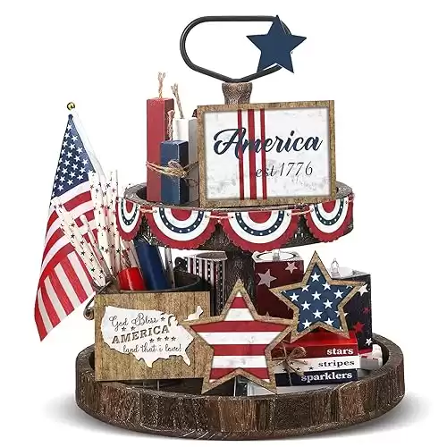 13 Pcs Memorial Day Decor 4th of July Patriotic Tiered Tray Decor Independence Day Decoration Rustic Americana USA Flag Farmhouse Wooden Star Red White Blue Trays for Decorative Trays