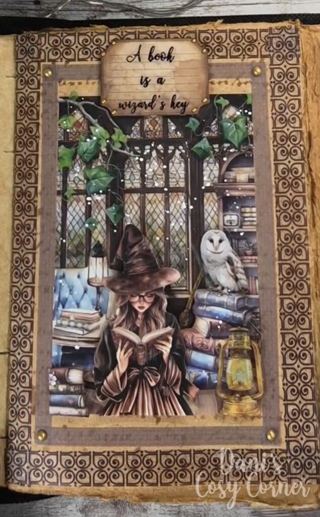 Cozy library scene with a witch reading a book, warm candlelight, bookish details, and a dreamy, magical fall aesthetic. Credit: @dani.cosyjournal