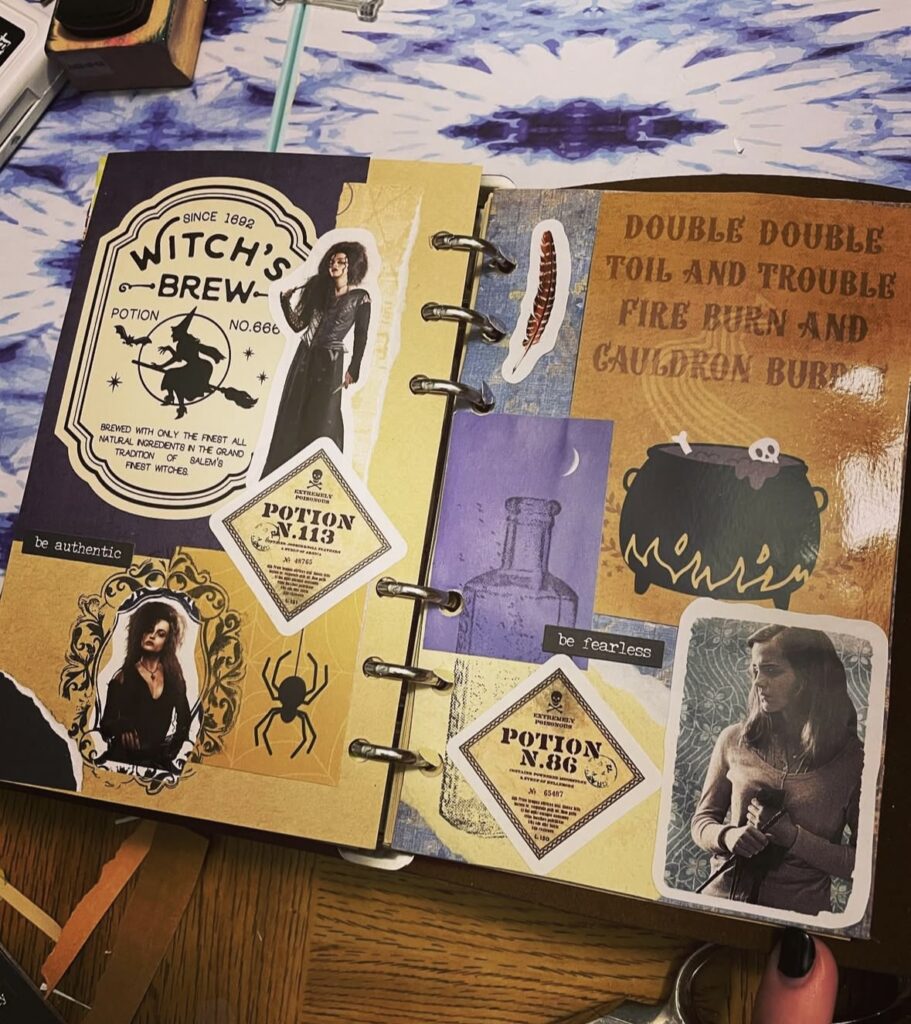 Double scrapbook layout inspired by potions and witches, featuring layered potion bottles, magical symbols, deep purples, and enchanting ephemera. Credit: @lemoninthelimelight