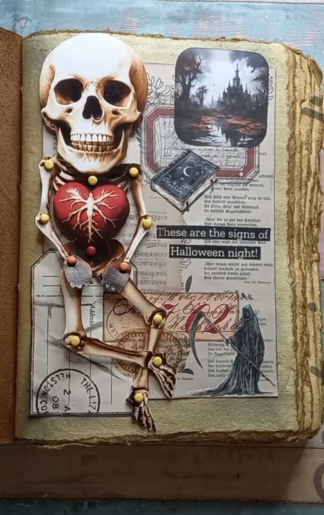 Vintage skeleton scrapbook layout with heart detail and spooky castle. Credit: snt_journaling