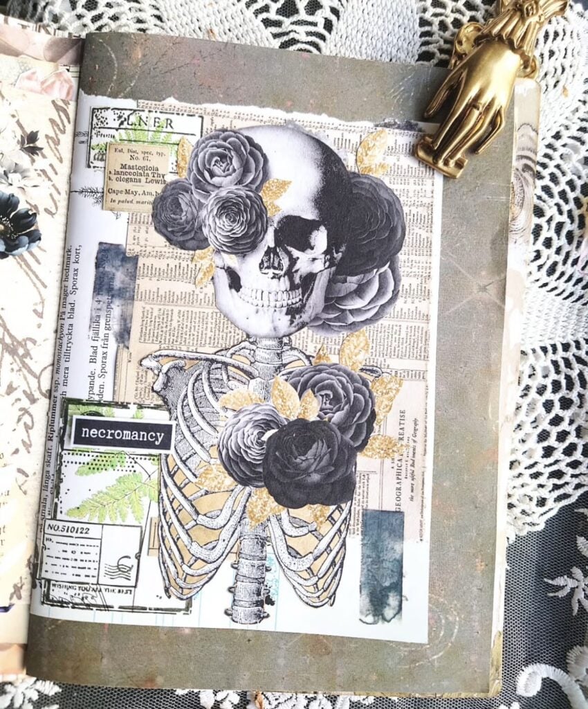 Black and white skeleton scrapbook page with floral embellishments. Credit: ephemeral.nifflan