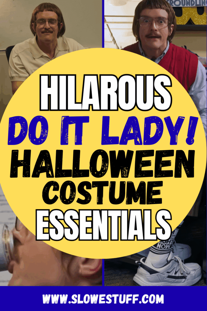 Pin this post for later! Chit Do It Lady costume inspiration with a collage of must-have pieces, outfit ideas, and references to the viral TikTok meme by Jay Renshaw. Image by Slowestuff.com