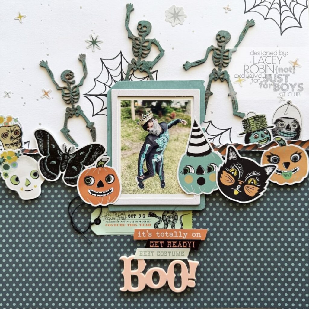 Cute Halloween scrapbook layout with skeleton and pumpkin. Credit: laceylynn