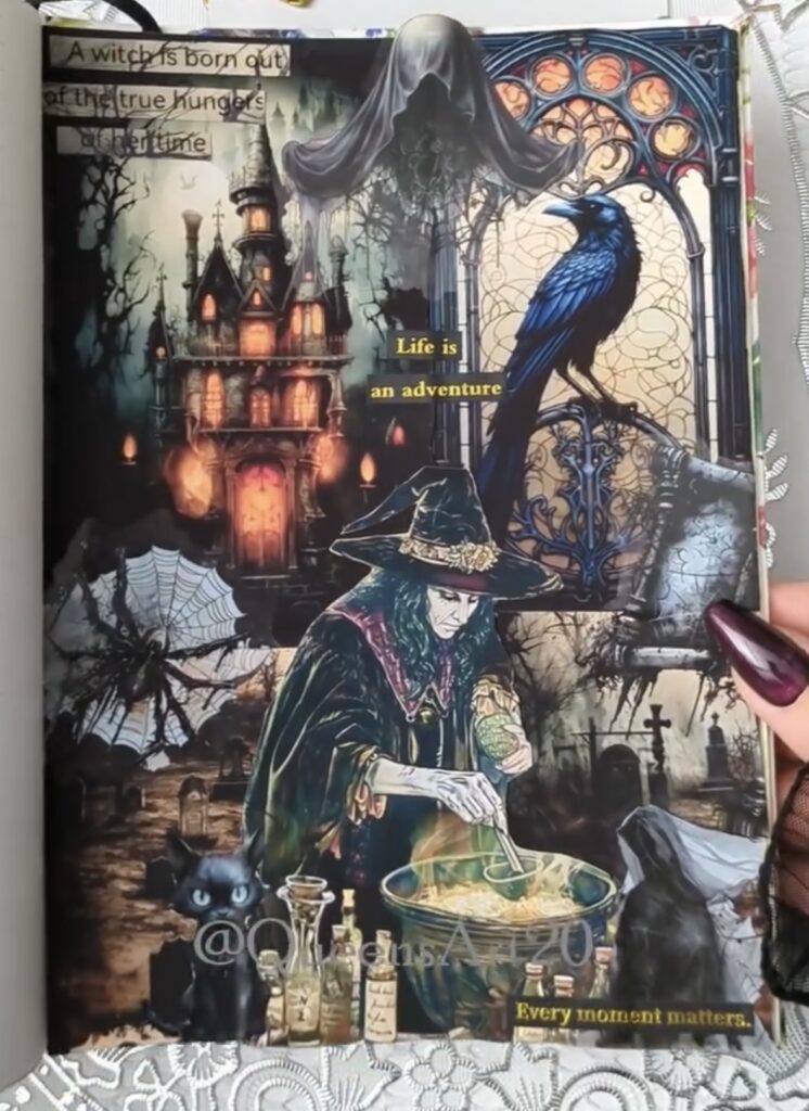 Dark Halloween junk journal layout with a classic witch stirring a bubbling cauldron, glowing green potions, vintage pages, and spooky Halloween elements. Credit: @queenart20