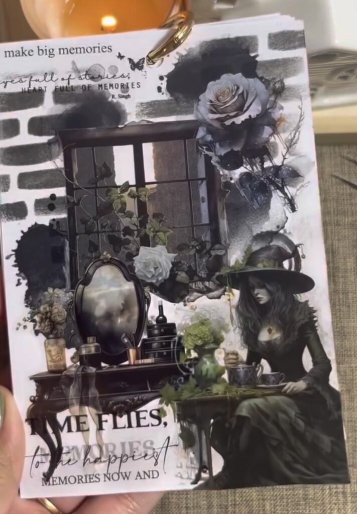 Dark, elegant witch scrapbook page with black and white roses, gothic embellishments, and a moody, romantic witch theme. Credit: @papyrus.journal
