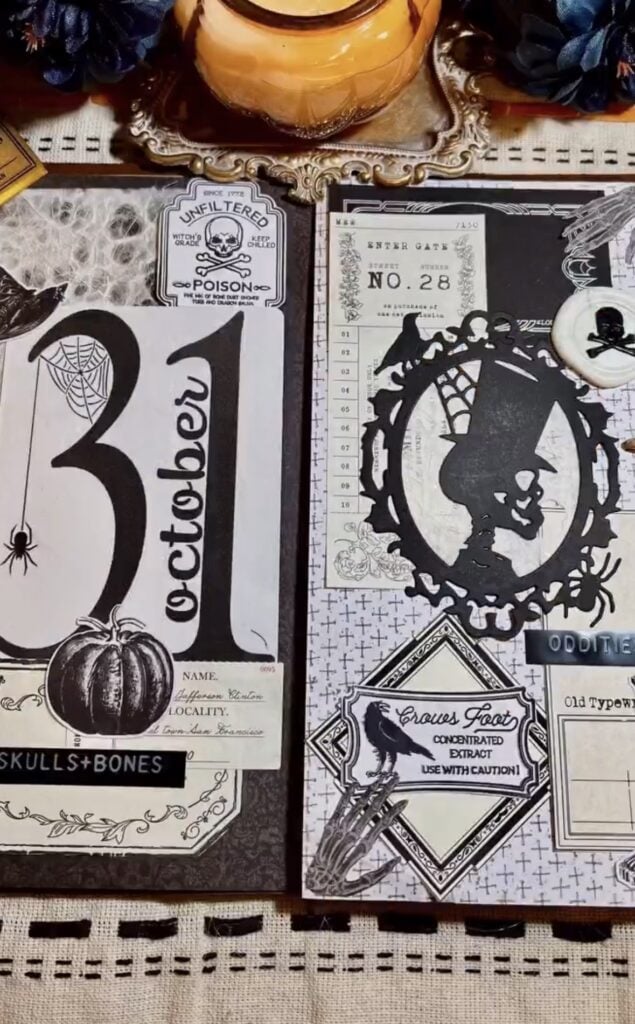 Halloween scrapbook layout with skull, pumpkin, and skeleton cameo. Credit: km_journaling