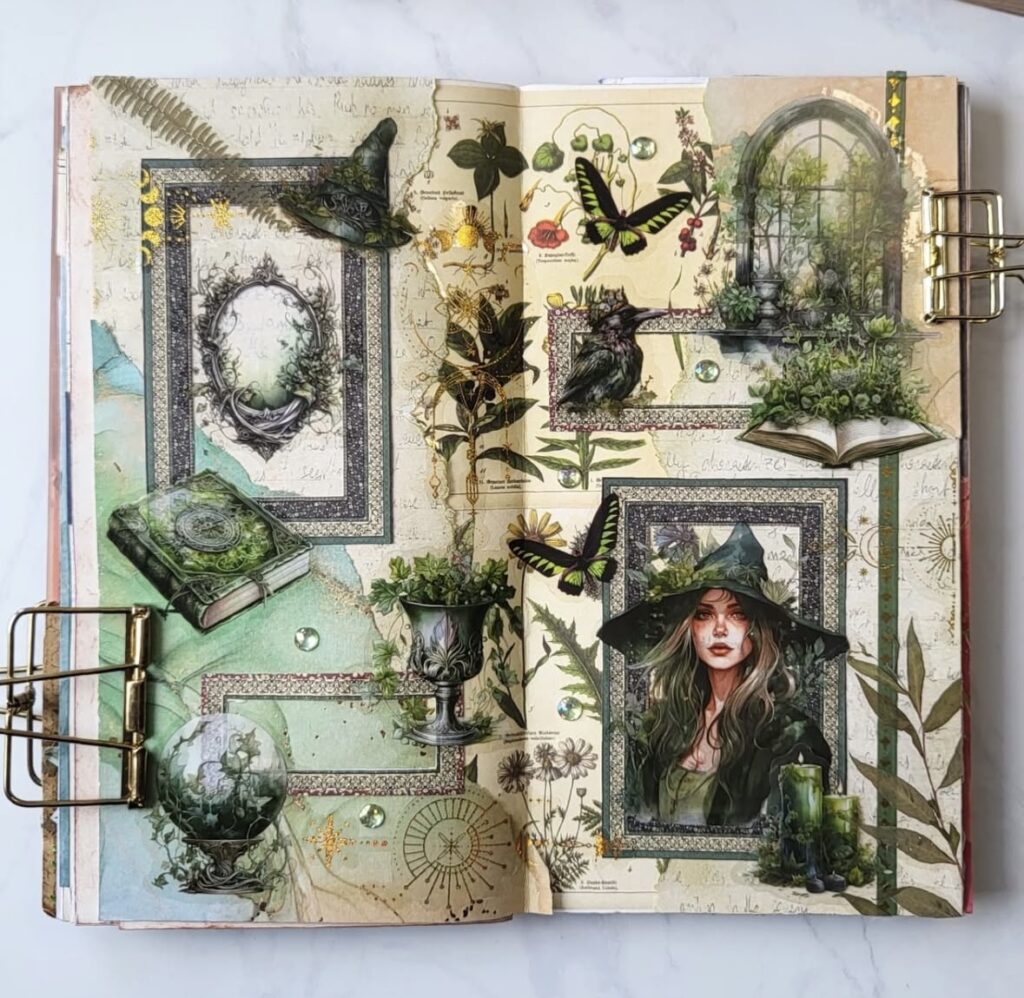 Earth witch journal spread with green botanical collage, open books, butterflies, and woodland magic accents. Credit: @lazylattejournal