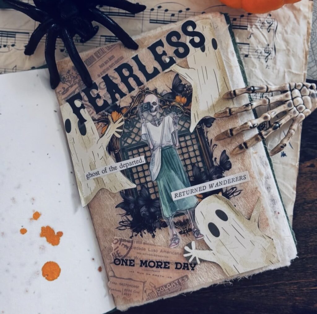 Skeleton journal cover with giant spider and sheet music. Credit: journalzjourney & my_deskreativ