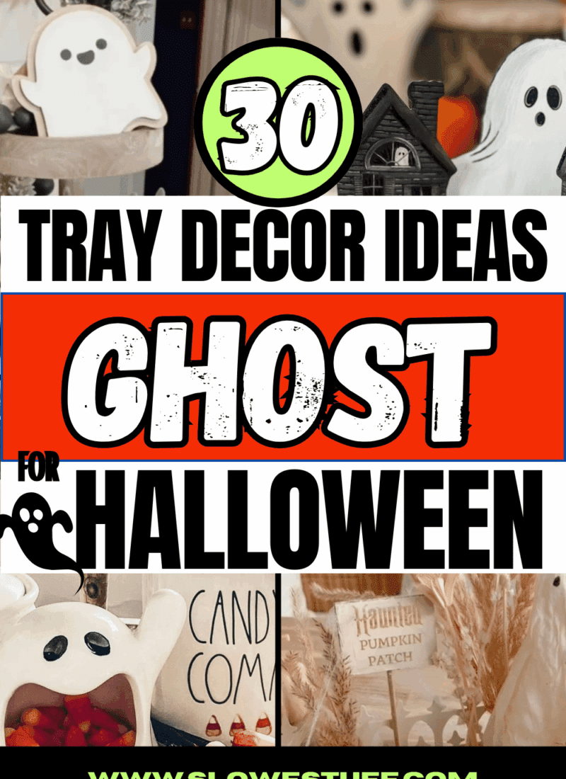 Images of several ghost tiered tray designs with heading 30 Ghost tray design ideas for Halloween and website www.slowestuff.com