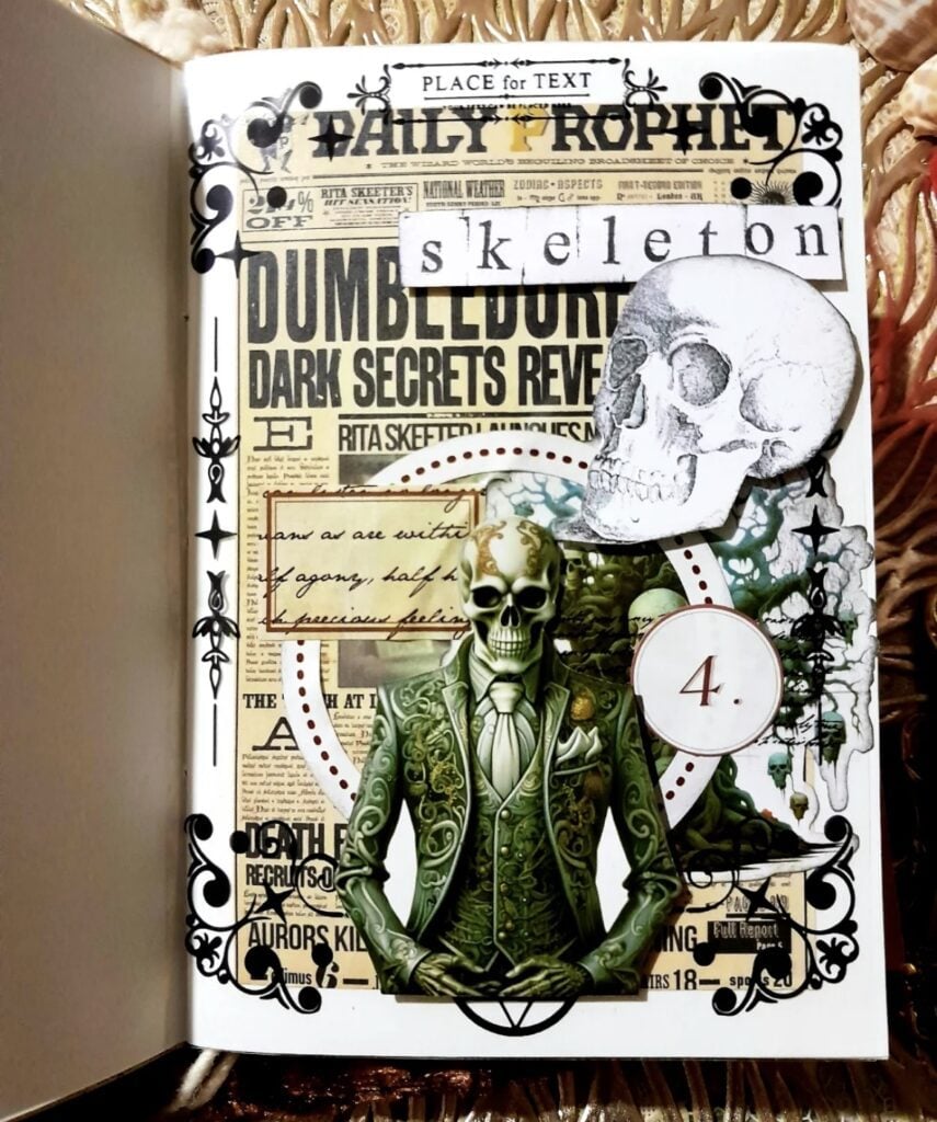Victorian skeleton scrapbook page with green vintage ephemera. Credit: doodlesbyarooj