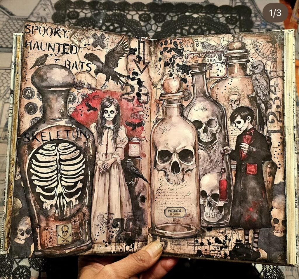Grunge-style skeleton scrapbook layout with potion bottles and skulls. Credit: perilihobiler