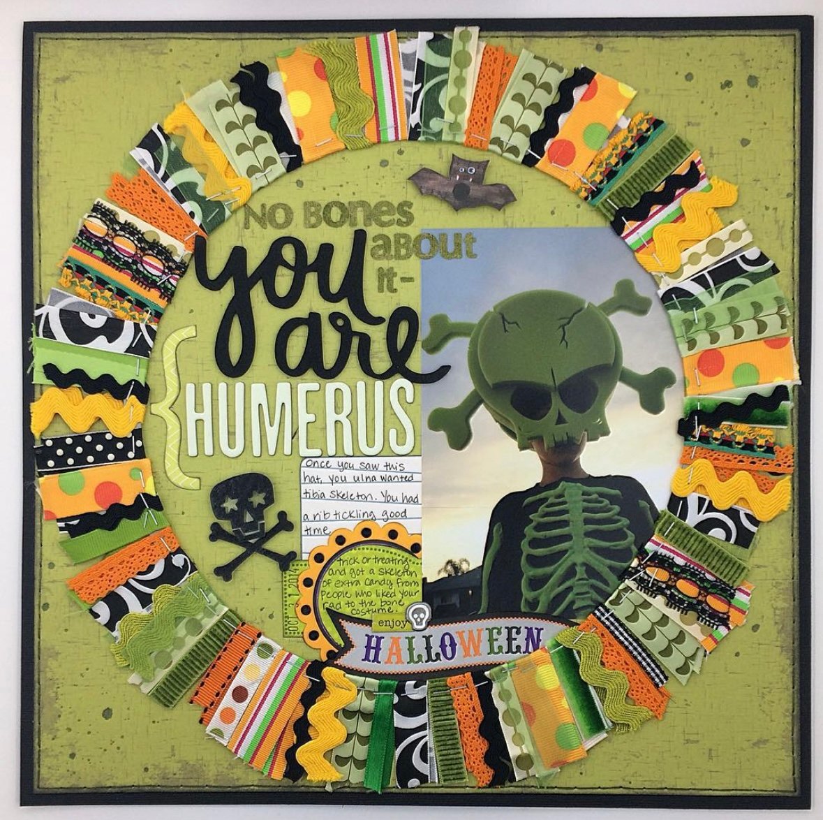 green background skeleton scrapbook layout with words you are humerous 