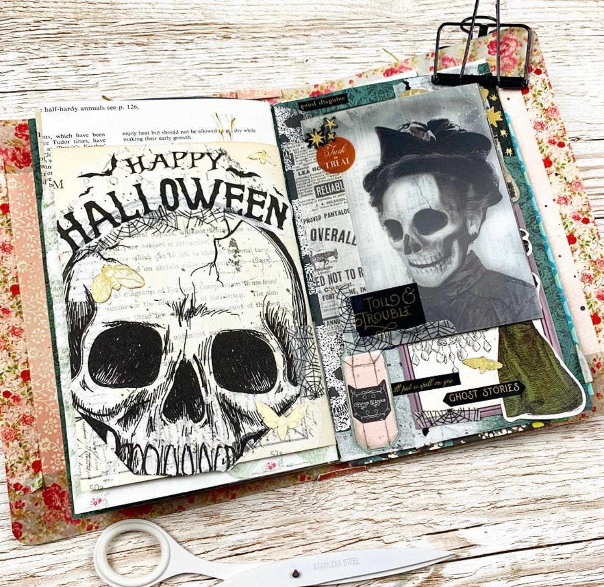 Vintage skeleton woman and skull drawing in junk journal. Credit: ms.paperlover