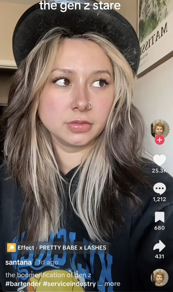 Screenshot of a girl doing the iconic Gen Z Stare from TikTok, by @maybesantana. Easy viral TikTok Halloween costume inspiration for 2025.