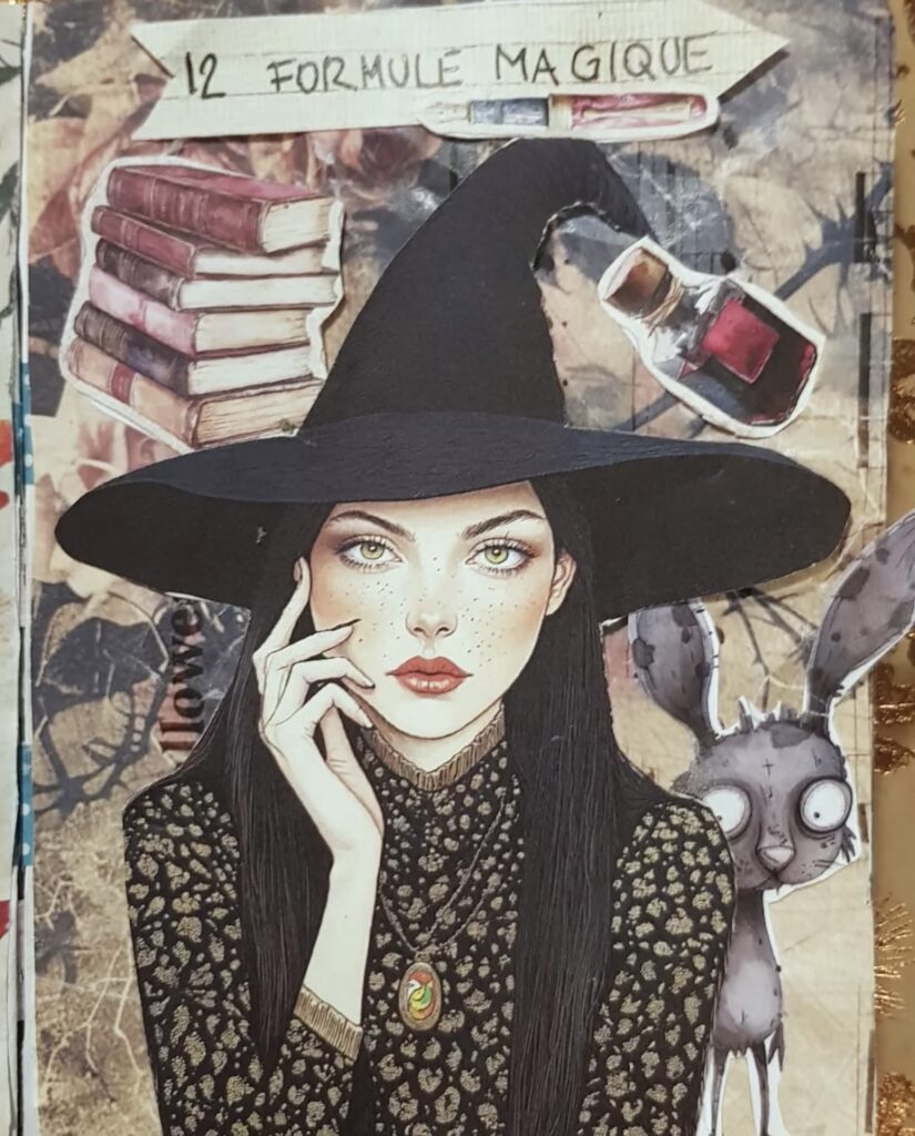 Junk journal page with a striking witch illustration, vibrant colors, magical symbols, and dreamy, artistic details. Credit: @creazioni_a_la_nat