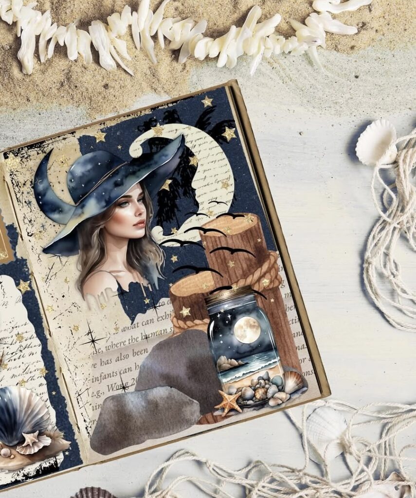 Magical scrapbook spread with a blue starry witch hat, shimmering stars, celestial details, and a whimsical, nighttime witchy theme. Credit: @clipdofficial
