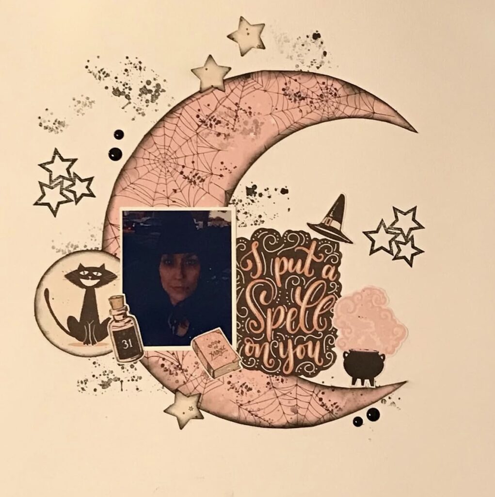 Minimalist witch scrapbook page with a large pink crescent moon, soft pastels, subtle textures, and a dreamy, modern magic aesthetic. Credit: @shopgirlaudi