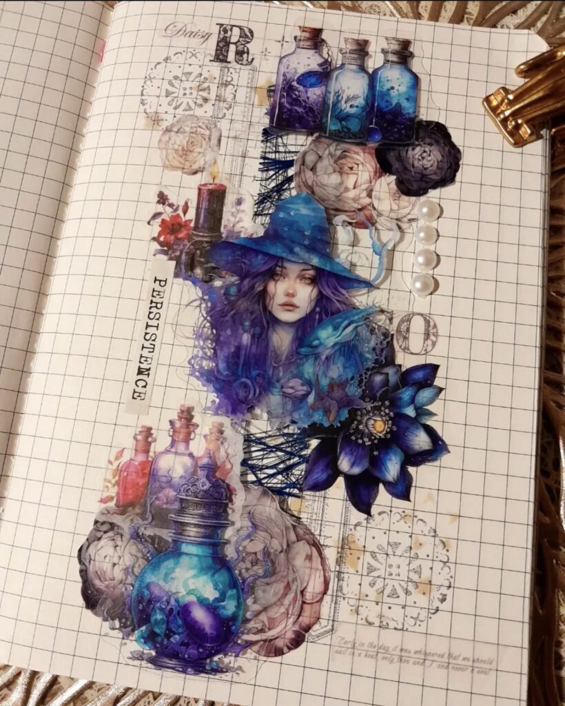 Moody junk journal layout with a blue-haired witch, mystical symbols, and dreamy magical layers in cool, enchanted blues. Credit: @doodlesbyarooj