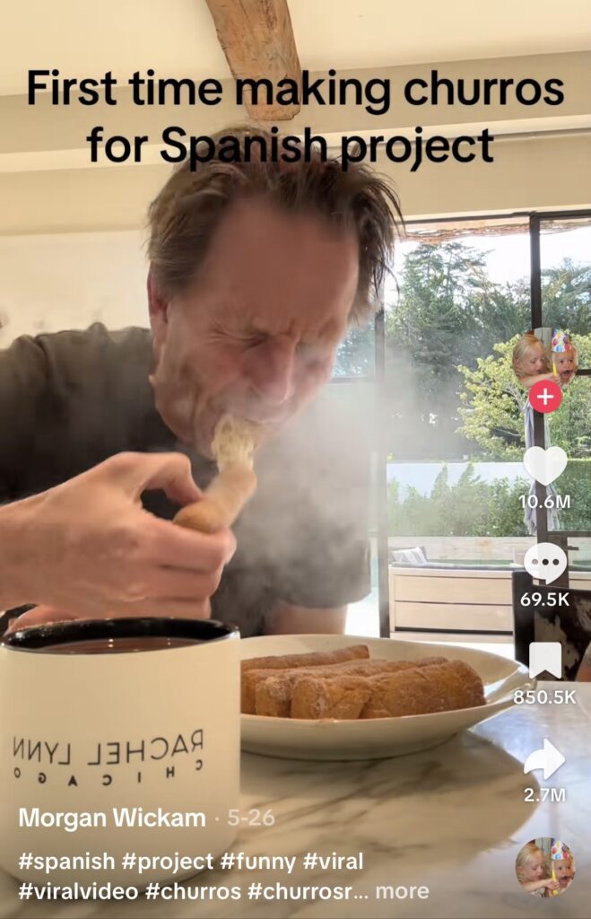 Screenshot from the viral Exploding Churro Dad TikTok, showing the hilarious moment a churro bursts while a dad is eating it. Perfect inspiration for a funny TikTok Halloween costume idea in 2025.